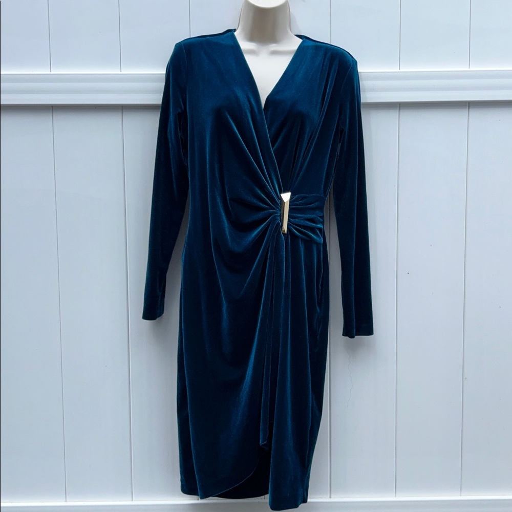 Calvin Klein Velvet V-Neck Dress Gold V-Bar Side Ruching Aquamarine Blue | Sz 8 - Picture 2 of 14